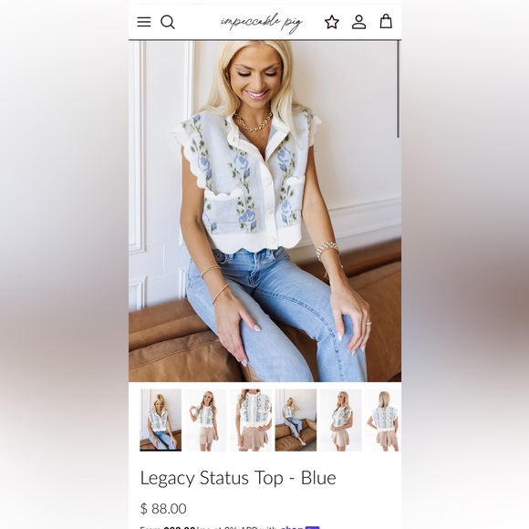 Floral Knit Sleeveless Scallop Button Down Vest Top - Blue and White - Picture 2 of 11